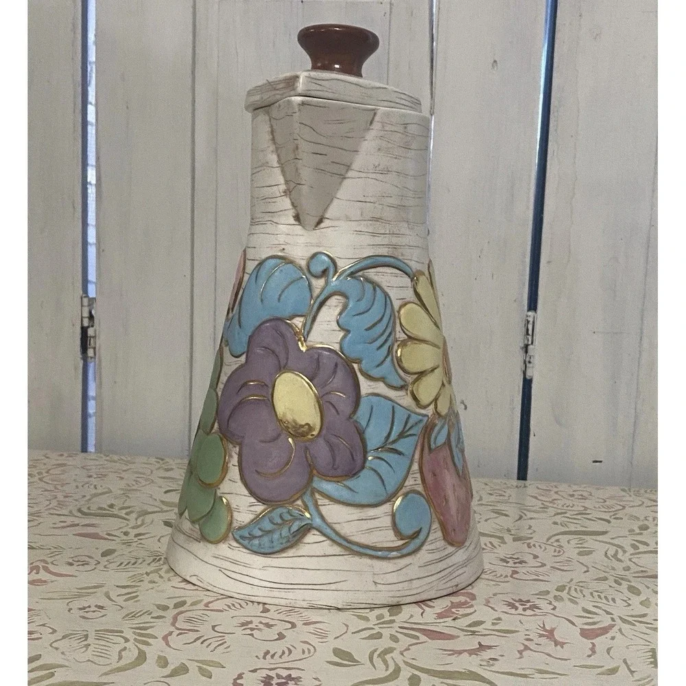 Beautiful Mid Century Artisan Signed Stoneware Pitcher w/Lid Faux Wood Grain